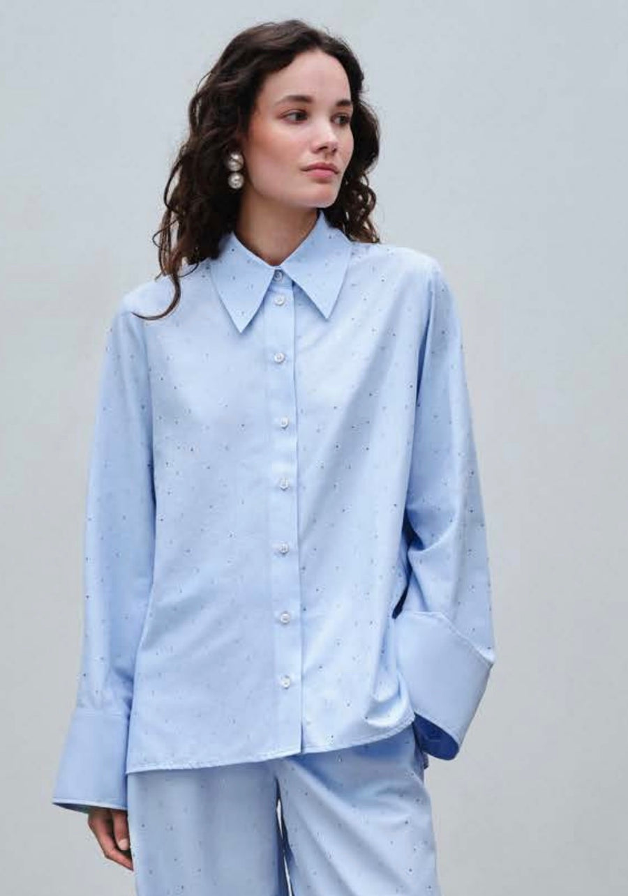 STUDIO AR MAVRA POPLIN SHIRT - HEMD MIT GLITZER STEINEN HELLBLAU